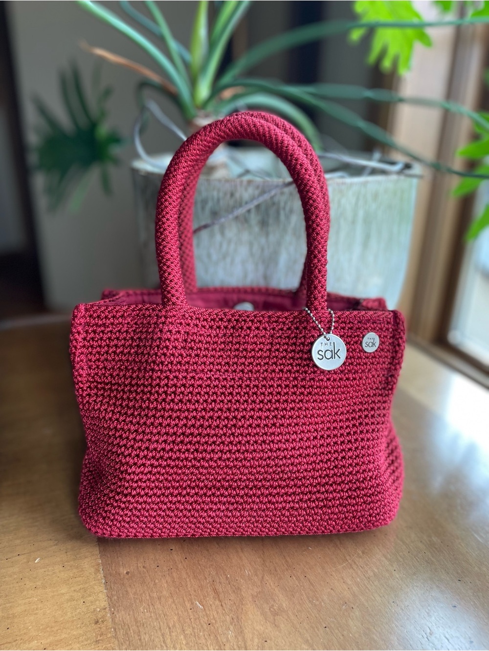 The Sak Red Crochet Top Handle Small Tote Bag - Picture 2 of 12
